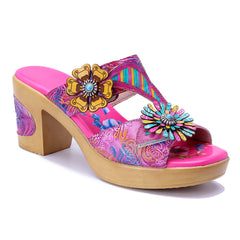 Socofy Retro Handmade Leather Flower High Heel Slippers