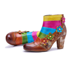 Socofy Handmade Leather Floral Side Zipper Short Boots