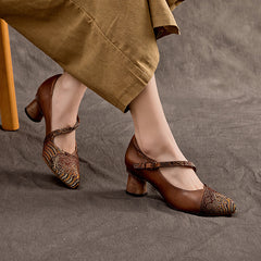 Socofy Handcrafted Retro Leather Pointed Toe Mid Heel Shoes