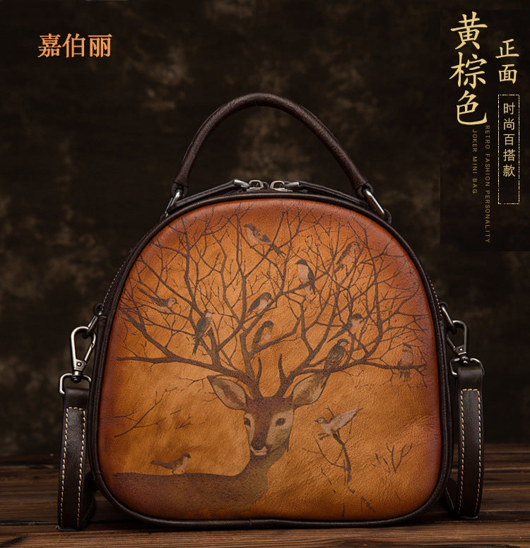 Socofy Full Grain Leather Handmade Deer Print Shell Bag