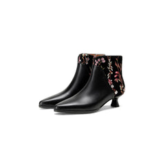 Socofy Handmade Floral Leather Ethnic Mid Heel Boots