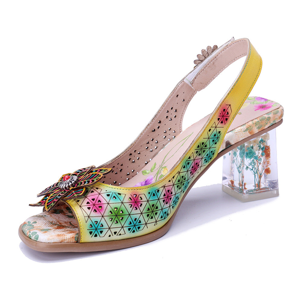 Socofy Handmade Leather Baroque Style Flower High Heel Sandals