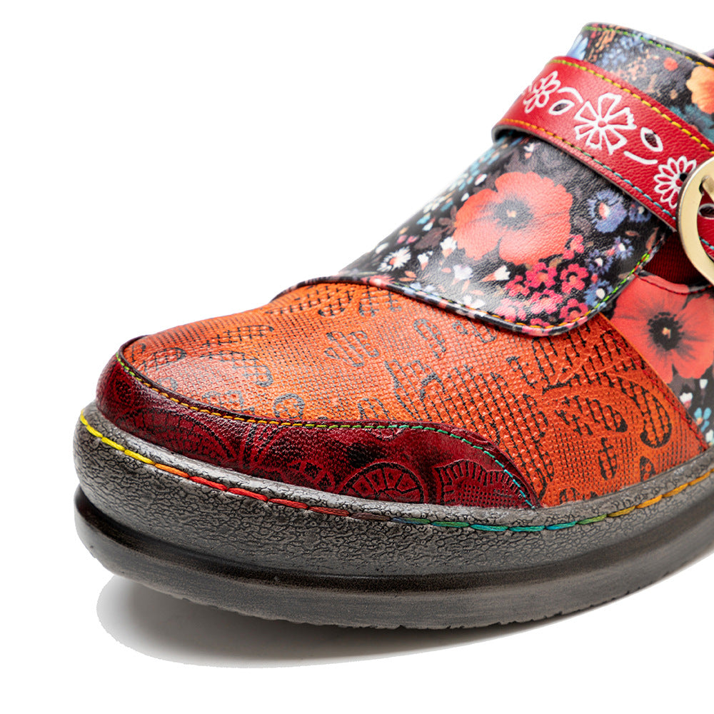 Socofy spring retro women's shoes genuine leather ethnic style flat shoes