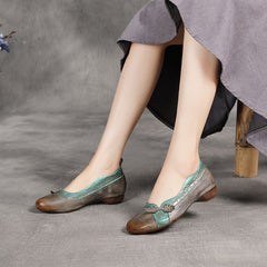 Socofy Handmade Leather Round Toe Low Heel Flats