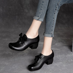 Socofy Top Grain Leather Lace Mid Heel Shoes