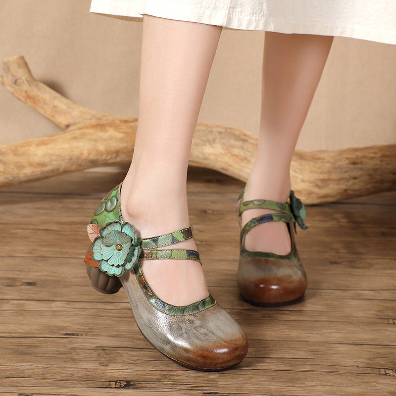 Socofy Summer Breeze Retro Handmade Leather Floral High Heel Closed Toe Shoes