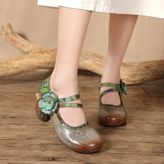 Socofy Summer Breeze Retro Handmade Leather Floral High Heel Closed Toe Shoes