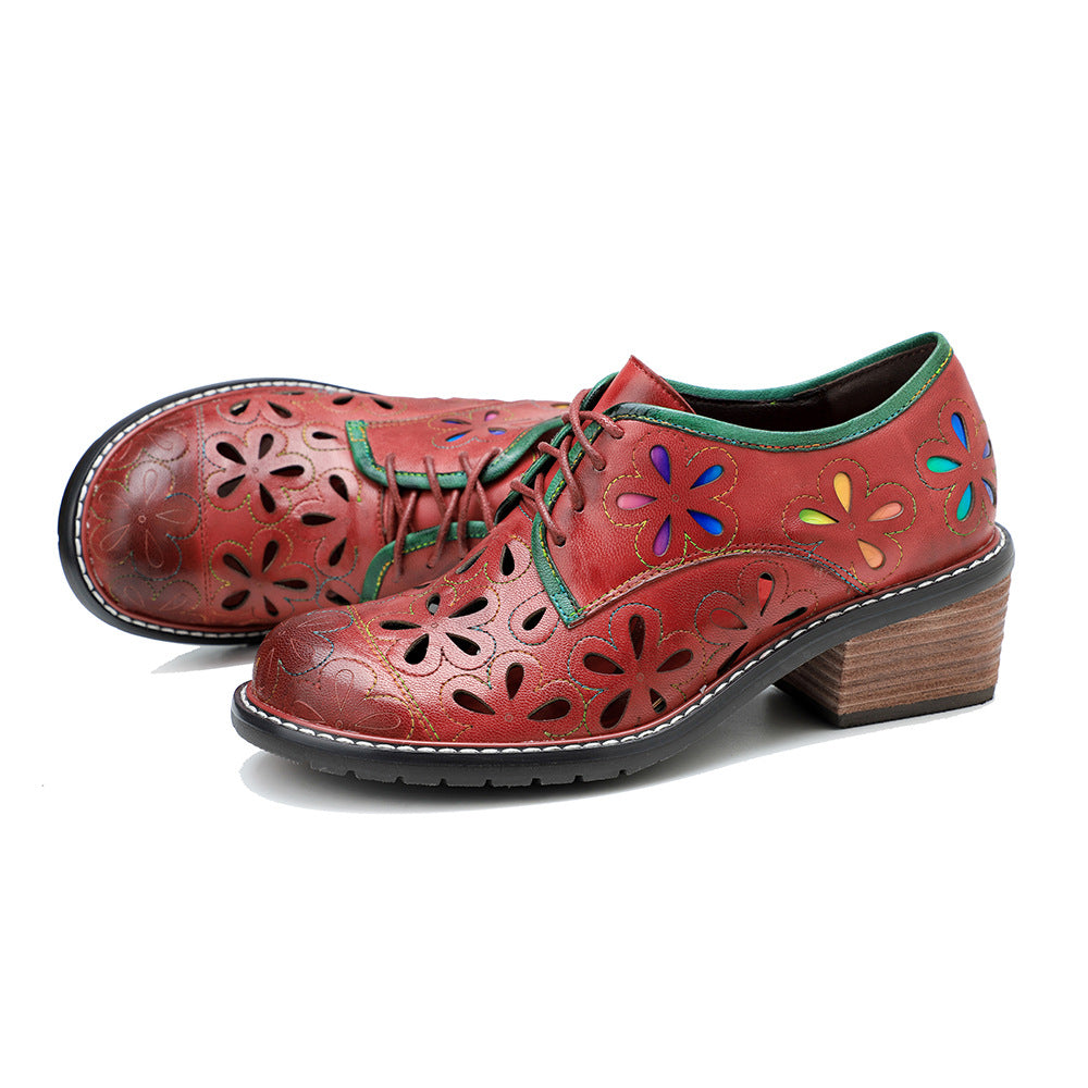 Socofy New style genuine leather retro contrasting hollow lace-up women's shoes