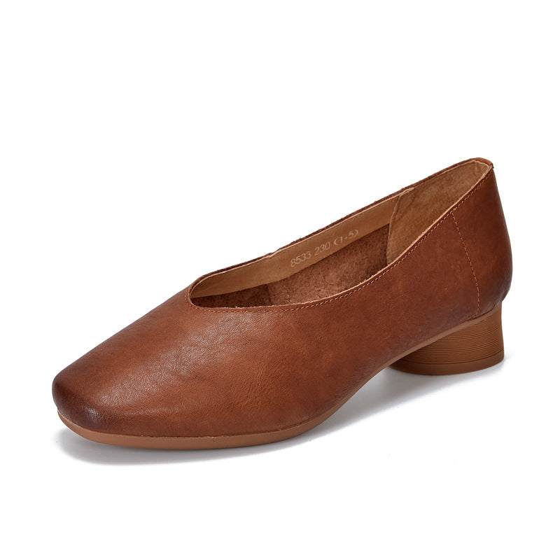 2025 Vintage Genuine Leather Mid Heel Scuffed Flat Shoes