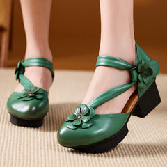 Socofy Handmade Retro Leather Pointed Toe Chunky Heel Sandals