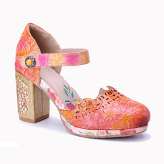 Socofy Handmade Leather Retro Carved High Heels