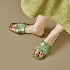 Socofy Square Toe Vintage Ethnic Flat Slippers