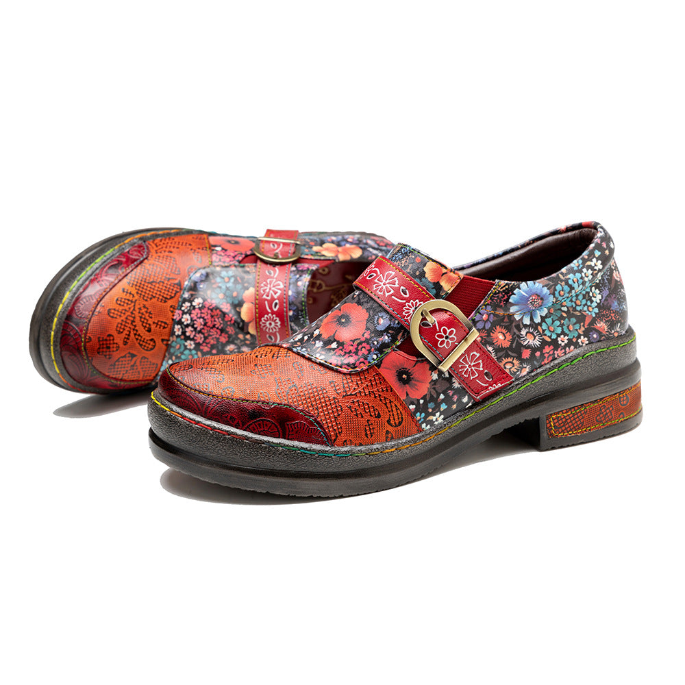 Socofy spring retro women's shoes genuine leather ethnic style flat shoes