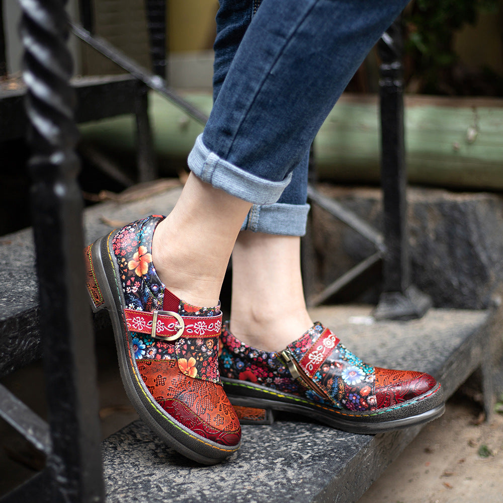 Socofy spring retro women's shoes genuine leather ethnic style flat shoes