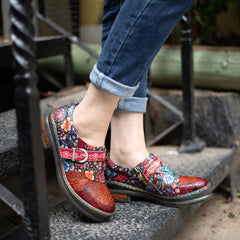 Socofy spring retro women's shoes genuine leather ethnic style flat shoes