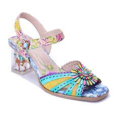 Socofy Handmade Leather Baroque Flower High Heel Sandals