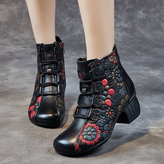 Socofy Top Grain Leather Chunky Heel Short Boots