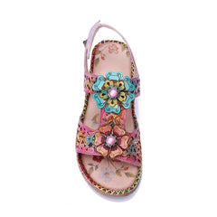 Socofy Handmade Leather Flower Sandals