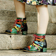 Socofy Printed Patchwork Leather Short Boots