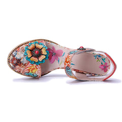 Socofy Summer Handmade Leather Baroque Floral High Heel Sandals