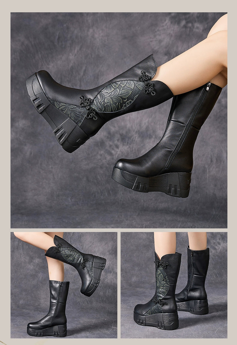 Socofy Top Grain Leather Winter Retro Floral Chunky Sole Mid Boots