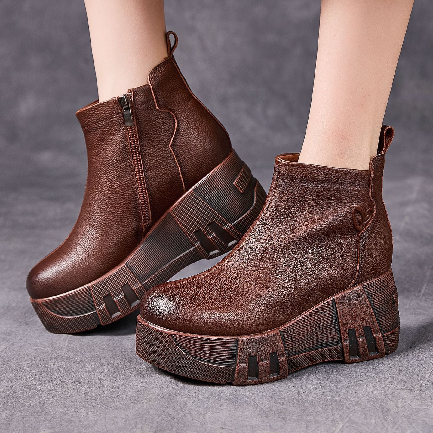 Socofy Top Grain Leather Retro Platform Short Boots