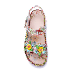 Socofy Handmade Leather Retro Floral Sandals