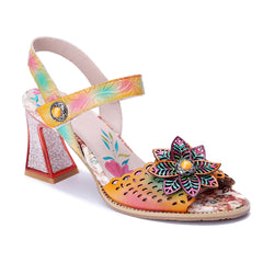 Socofy Summer Handmade Leather Cutout Floral High Heel Sandals