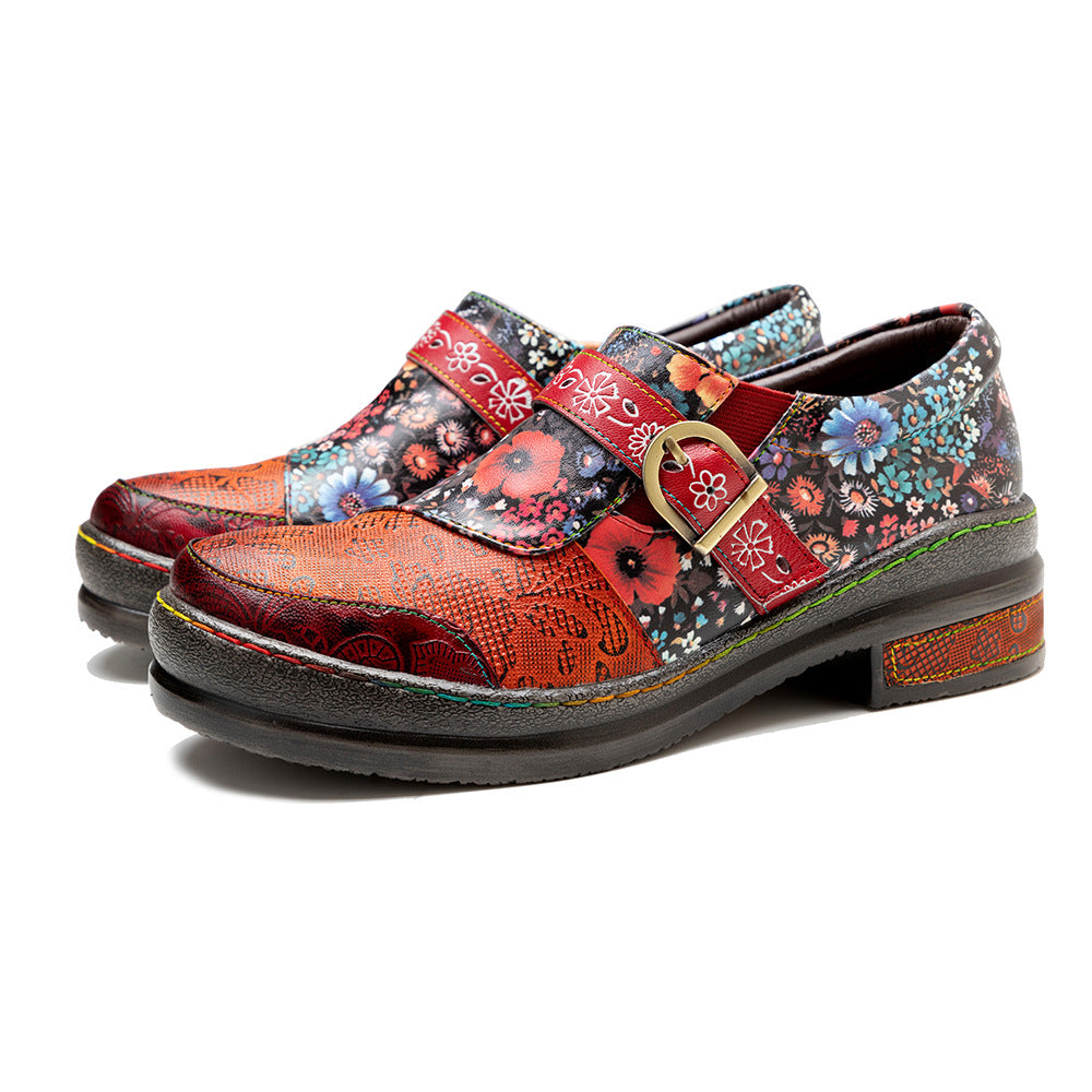 Socofy spring retro women's shoes genuine leather ethnic style flat shoes