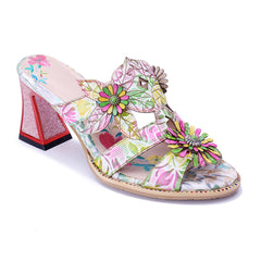 Socofy Summer Leather Flower High Heel Sandals