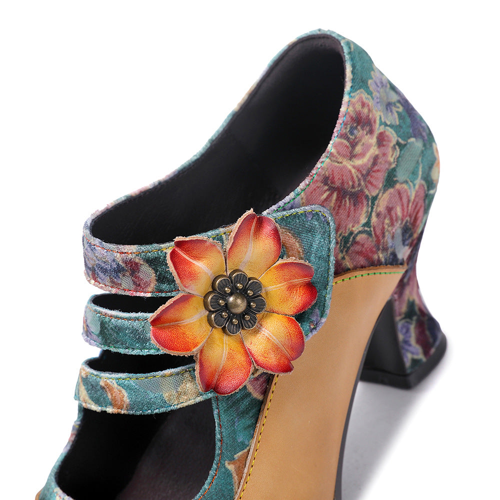 Socofy Leather Flower Decoration Embroidered High Heeled Sandals