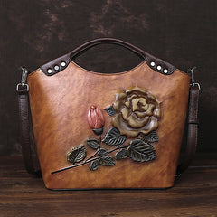 Socofy Top Grain Leather Rose Flower Crossbody Bag