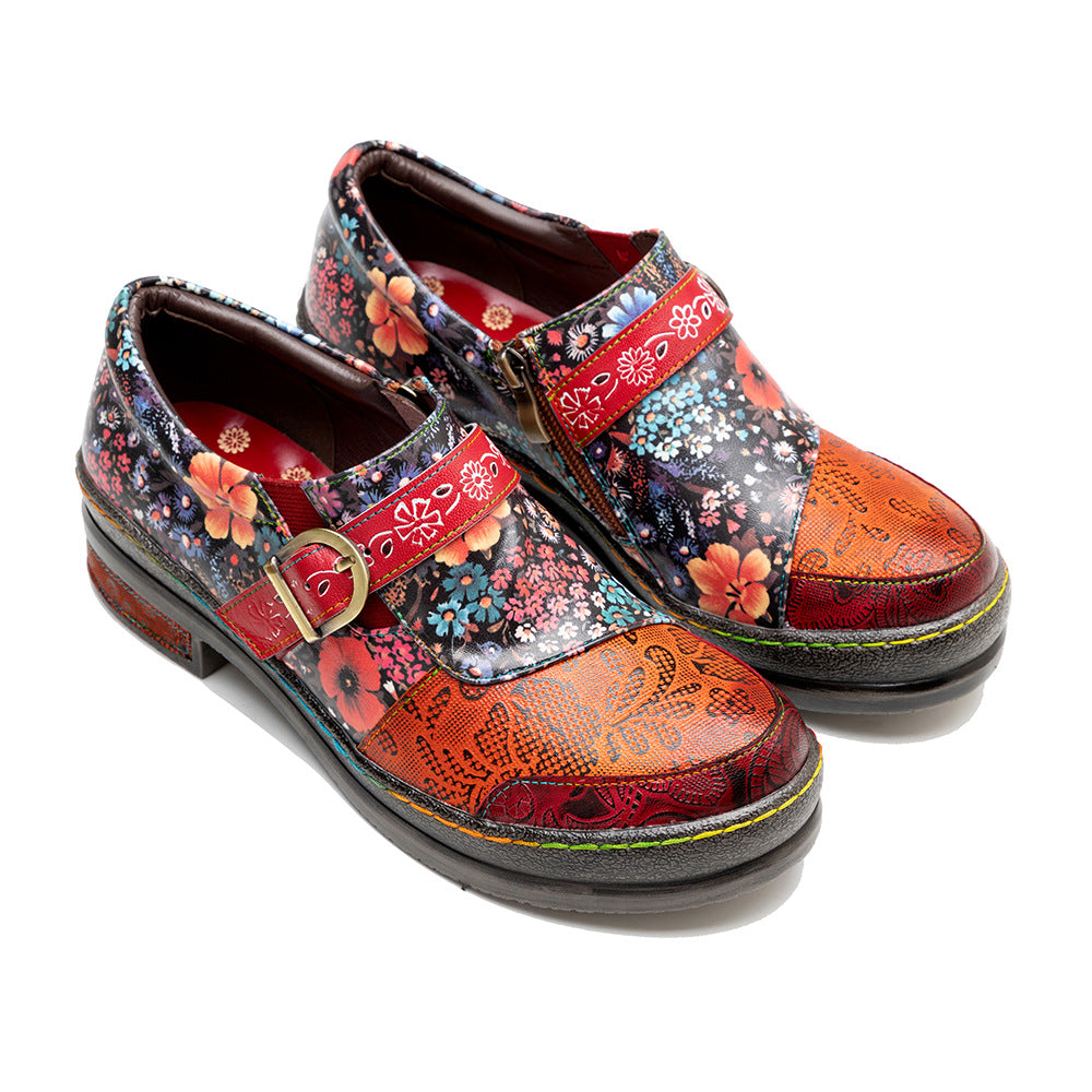 Socofy spring retro women's shoes genuine leather ethnic style flat shoes