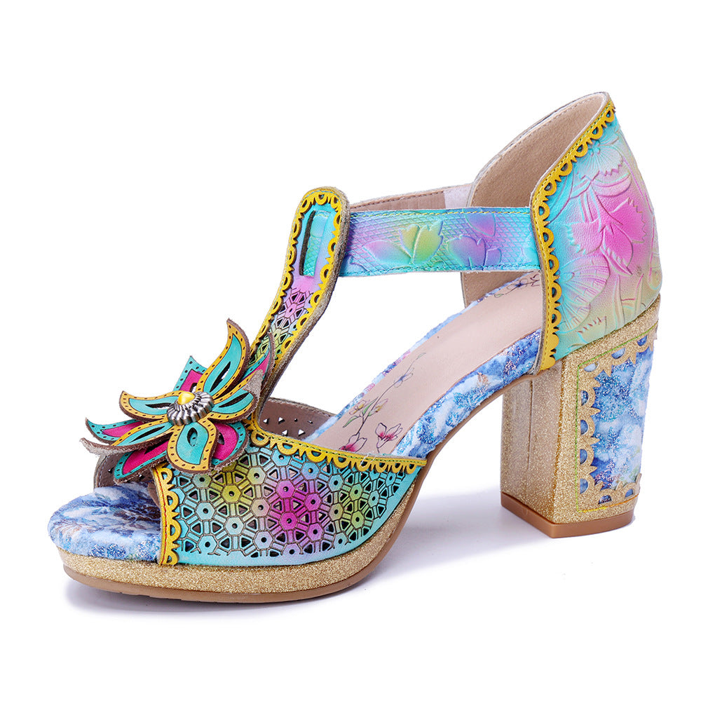 Socofy Baroque Floral High Heel Sandals