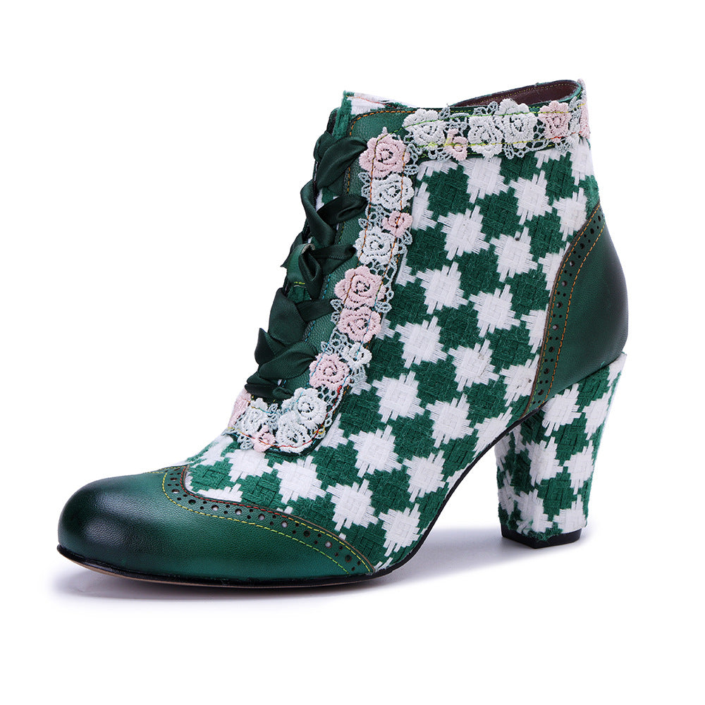 Socofy Retro Grace Handwoven Leather High Heel Boots