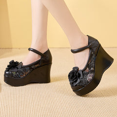 Socofy Handmade Leather Vintage Flower Platform Sandals