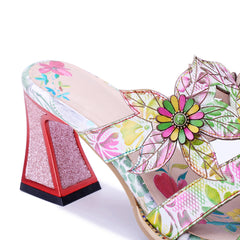 Socofy Summer Leather Flower High Heel Sandals