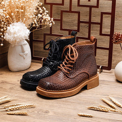 Socofy Retro Leather Mid Heel Martin Boots