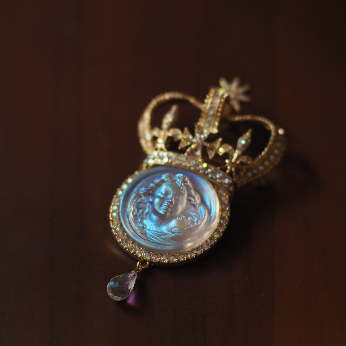 Handmade Vintage Sleeping Angel Cameo Crown Brooch Necklace Pendant