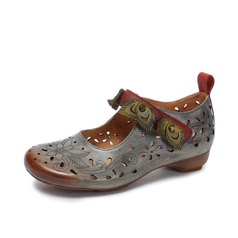 Socofy Summer Breeze Retro Handmade Leather Low Heel Flats