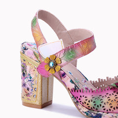 Socofy Baroque Cutout Flower High Heel Sandals