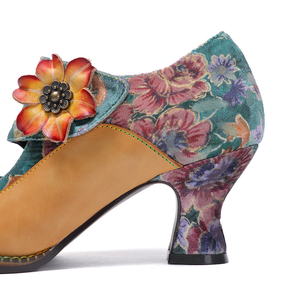 Socofy Leather Flower Decoration Embroidered High Heeled Sandals