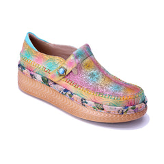 Socofy Handmade Leather Retro Printed Casual Shoes