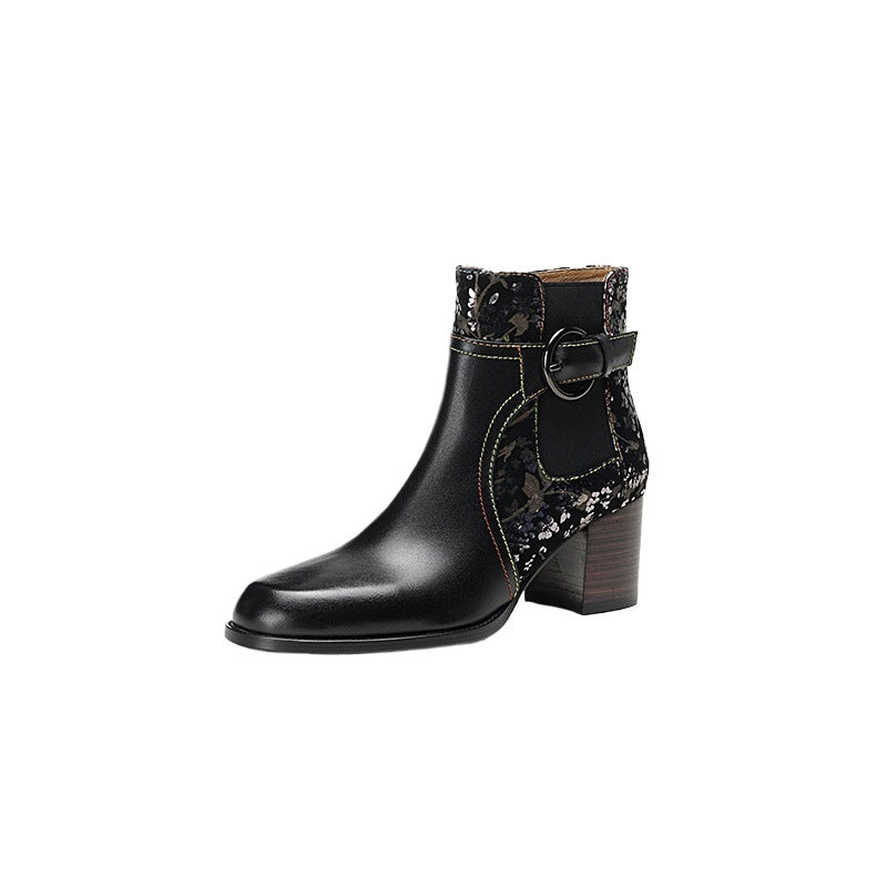 Socofy Autumn Winter Round Toe Color Block Leather Short Boots