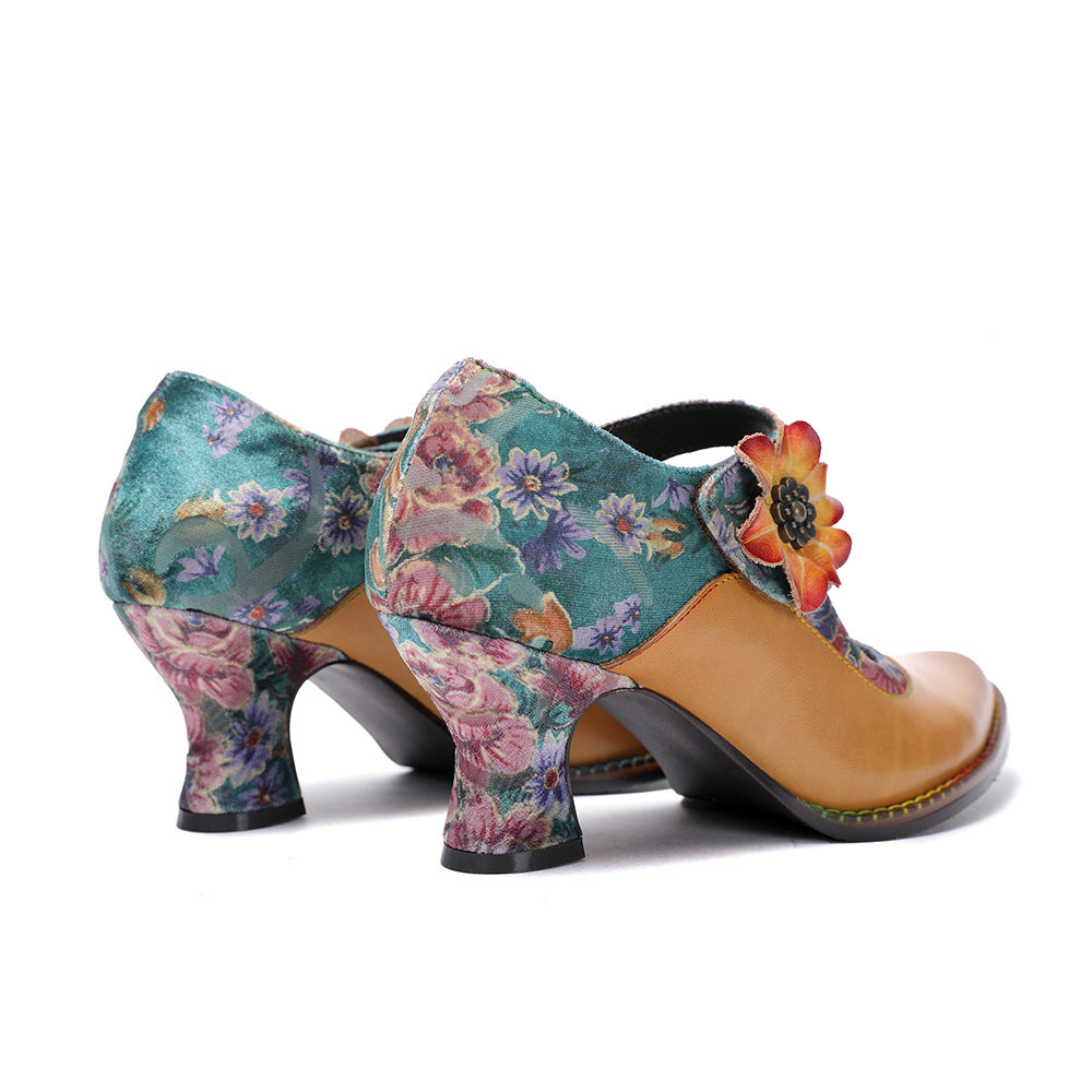 Socofy Leather Flower Decoration Embroidered High Heeled Sandals