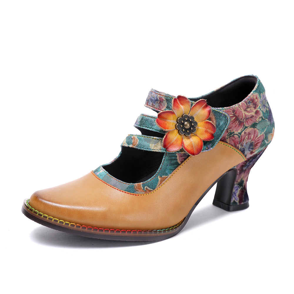 Socofy Leather Flower Decoration Embroidered High Heeled Sandals