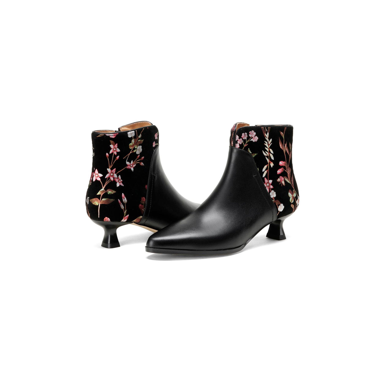 Socofy Handmade Floral Leather Ethnic Mid Heel Boots