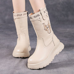 Socofy Top Grain Leather Retro Floral Embroidery Boots