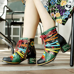 Socofy Printed Patchwork Leather Short Boots