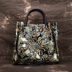 Socofy Top Grain Leather Sculpted Floral Tote Bag